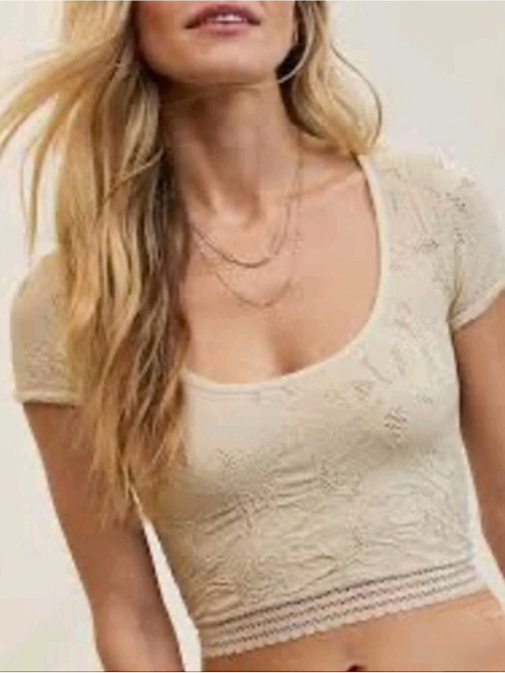 NWT AERIE Seamless Lace Floral Scoop Neck Cropped Tee in Light Beige Size XL